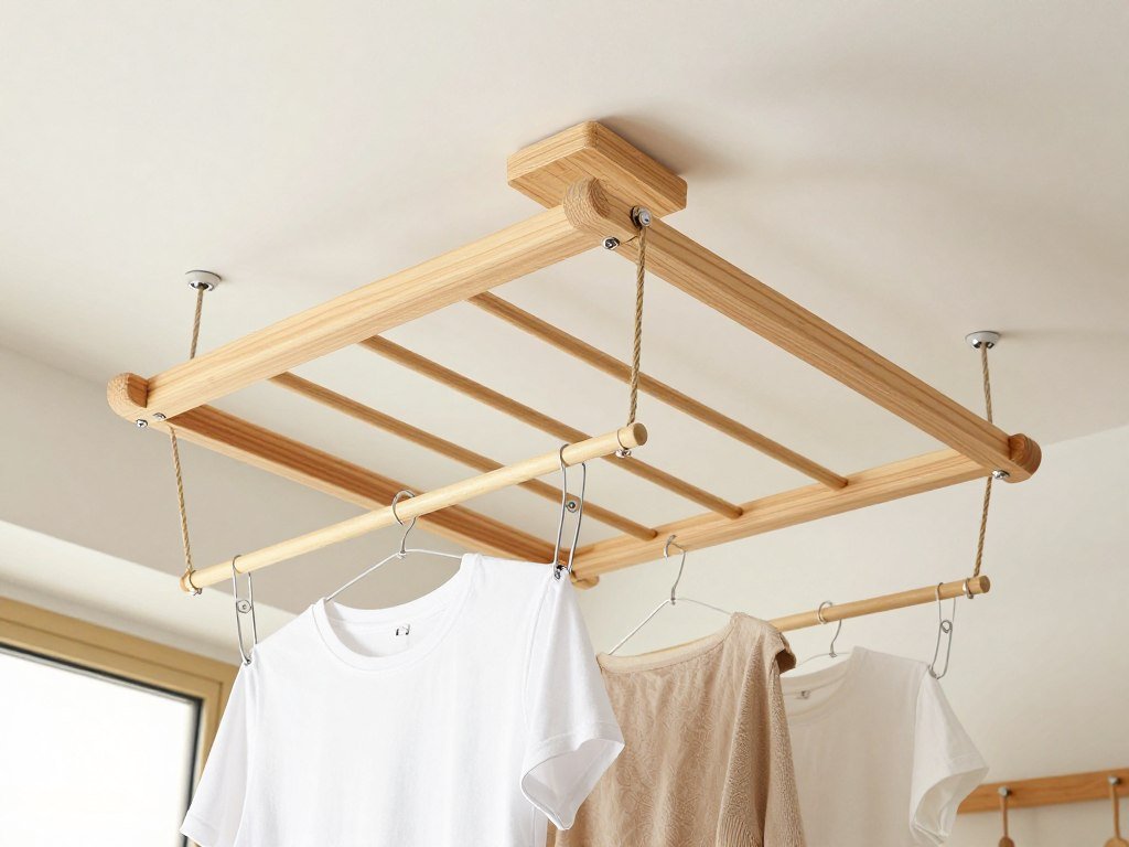 ceiling mounted pulley drying rack in laundry room