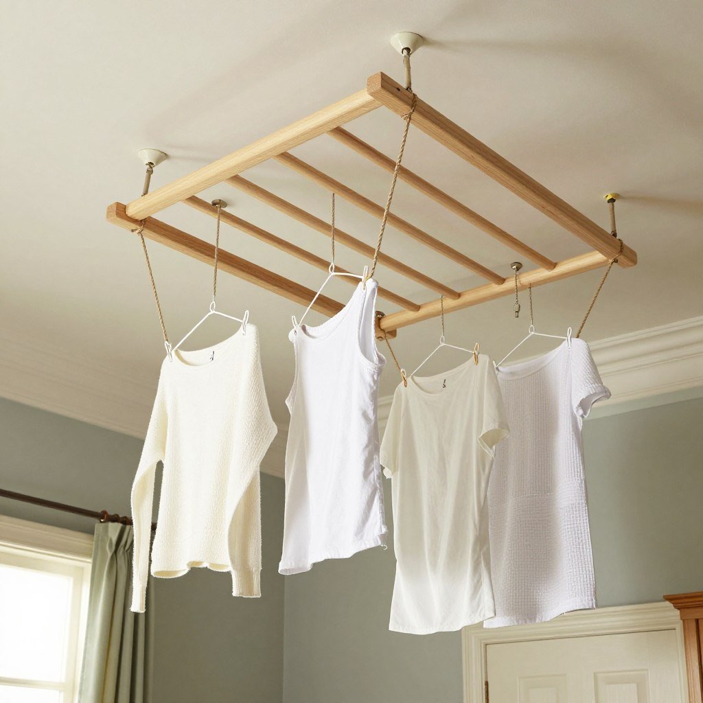 ceiling mounted pulley drying rack in laundry room