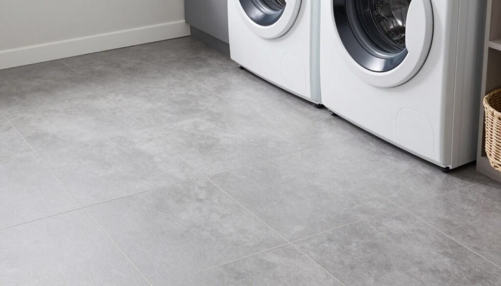 ceramic tile flooring in laundry room with stacked appliances