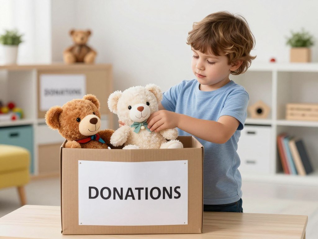 child choosing stuffed animals for donation box