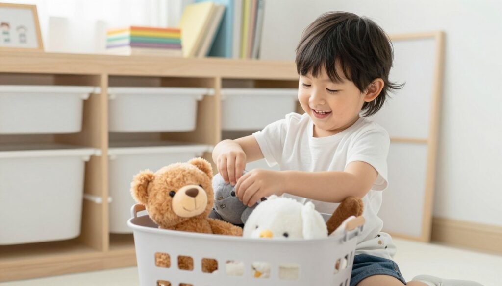 child putting stuffed animals away at cleanup time
