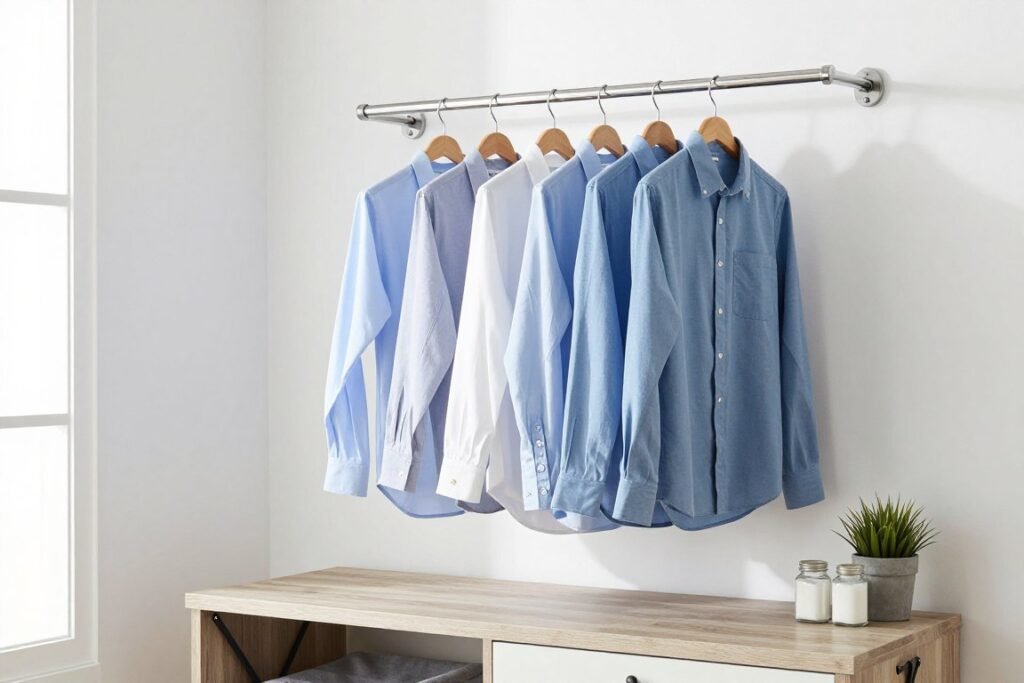 chrome hanging rod mounted on wall with freshly laundered shirts chrome hanging rod mounted on wall with freshly laundered shirts