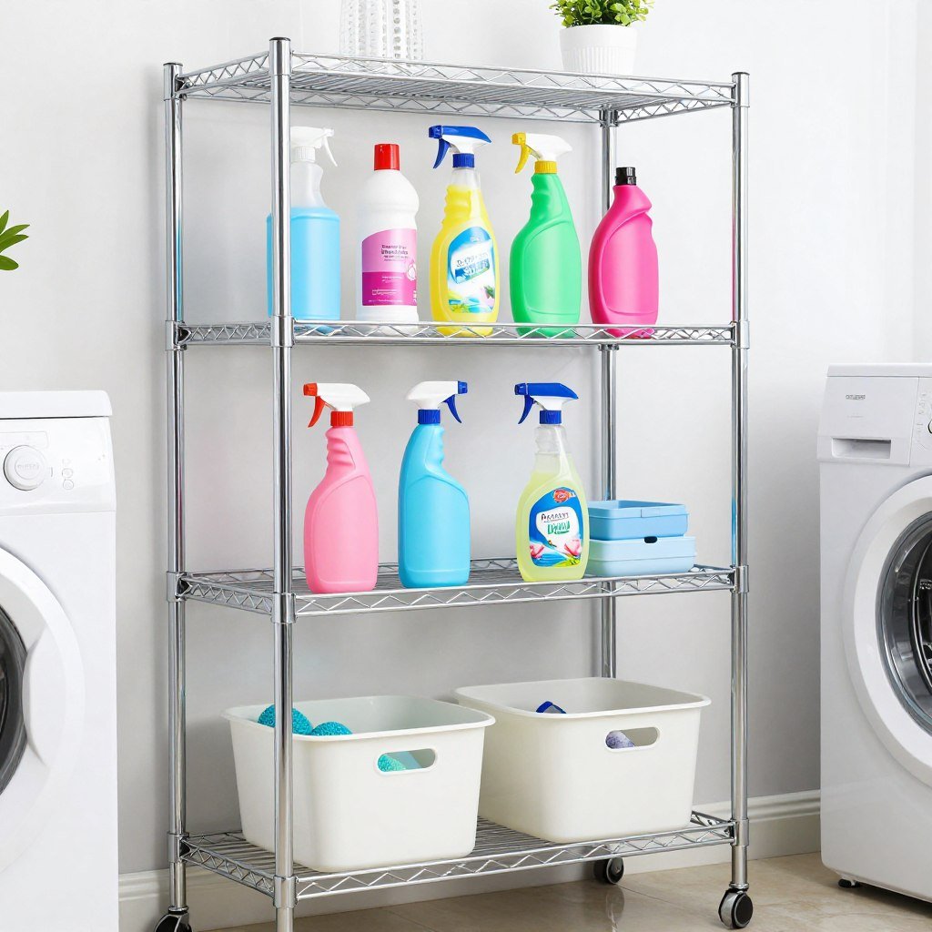 chrome metal shelving unit with cleaning supplies
