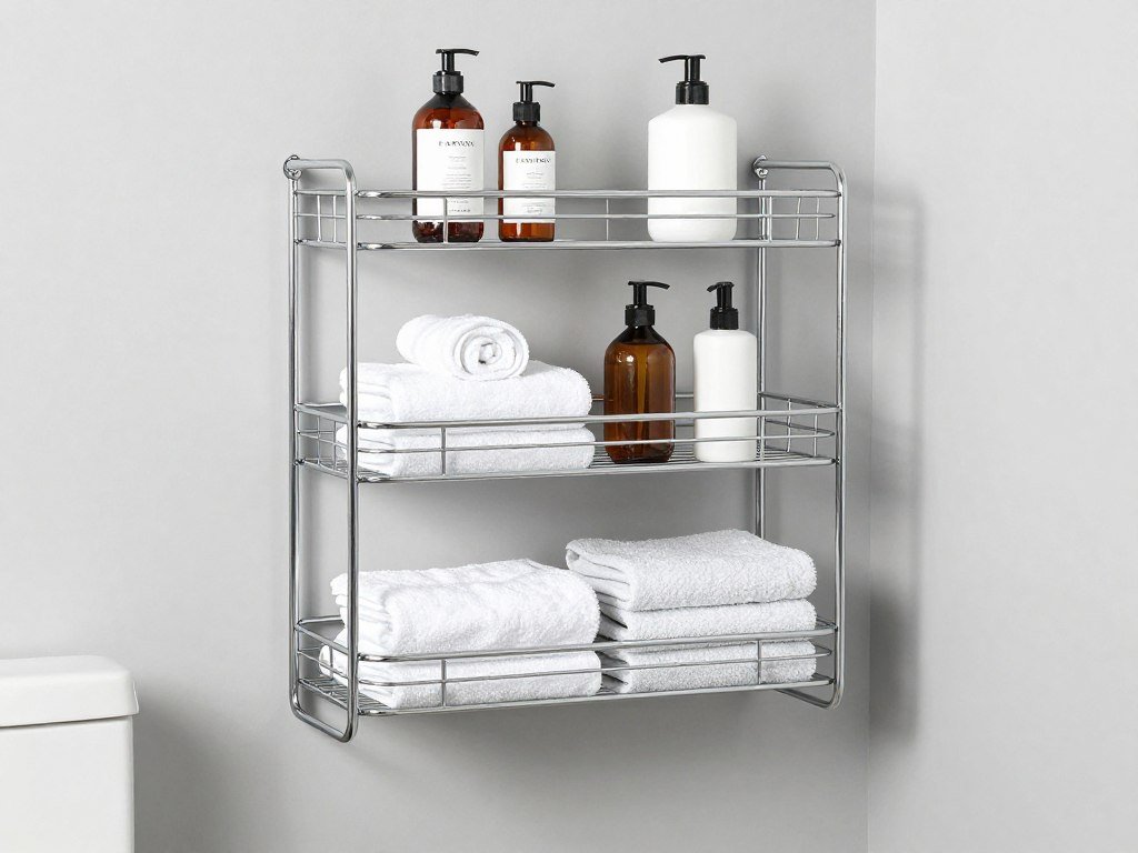 chrome metal storage rack above toilet