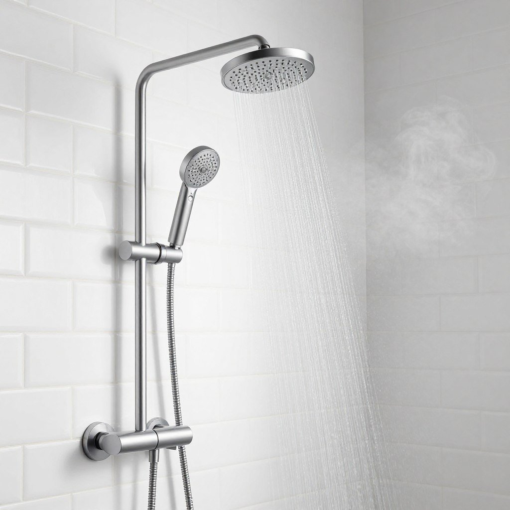 chrome rainfall showerhead with handheld attachment in white tiled shower