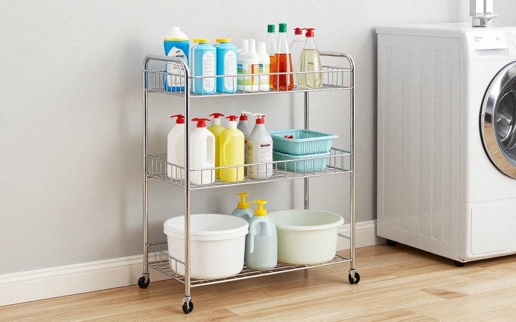chrome wire commercial rack in laundry room