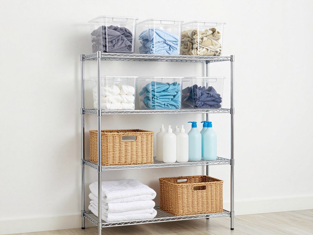 chrome wire shelving unit holding organized laundry supplies and baskets chrome wire shelving unit holding organized laundry supplies and baskets
