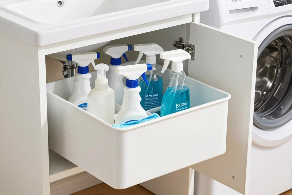 cleaning caddy with supplies under sink