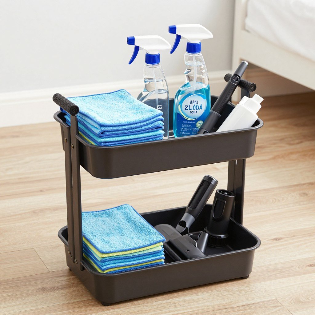 cleaning supplies organized in caddy for guest room maintenance