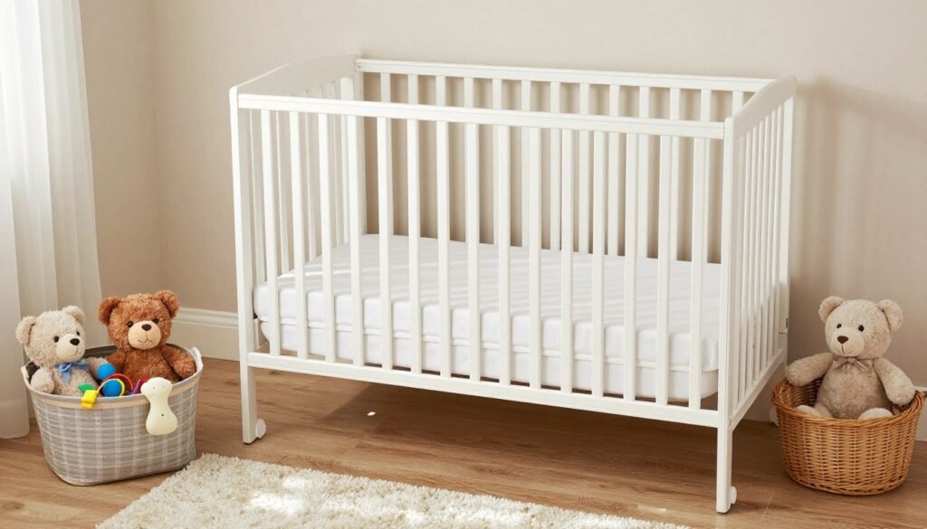 clear crib with stuffed animals stored safely nearby