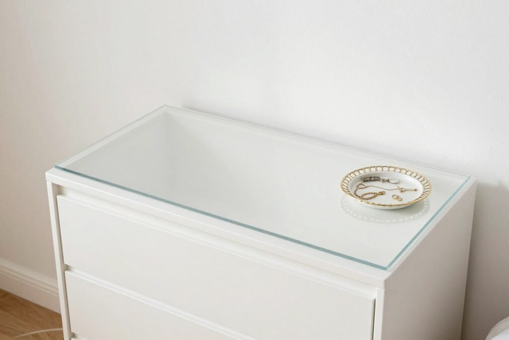 clear dresser top in organized small bedroom