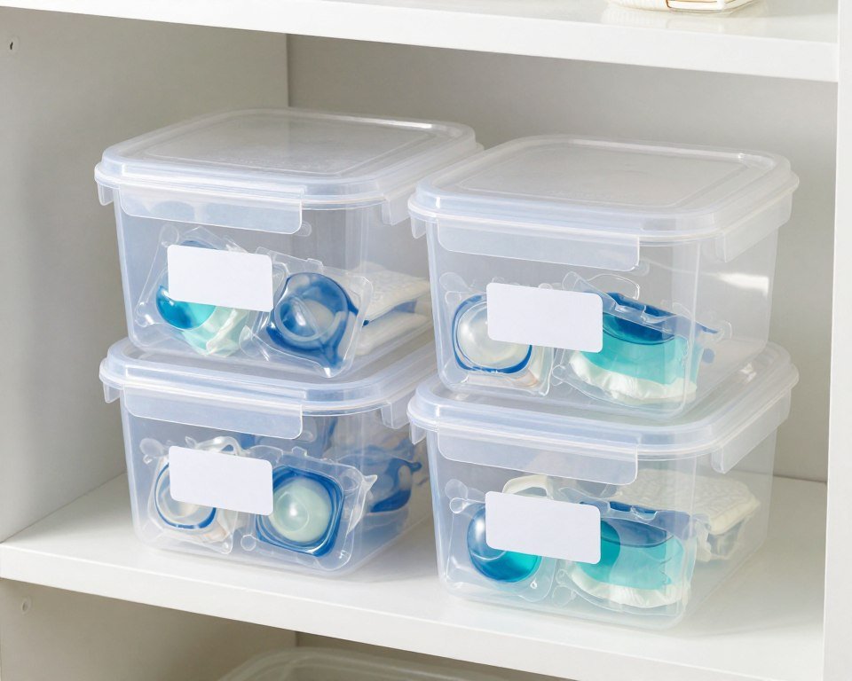 clear plastic storage containers with laundry supplies