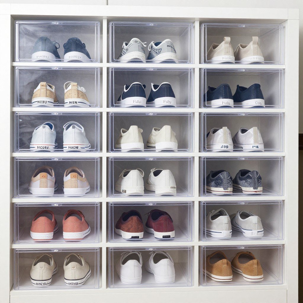 clear shoe storage boxes stacked in closet