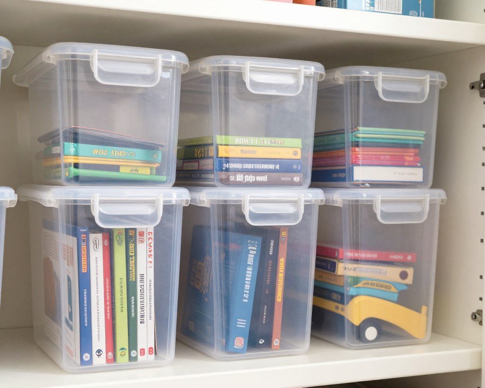clear stackable bins with board games on shelf