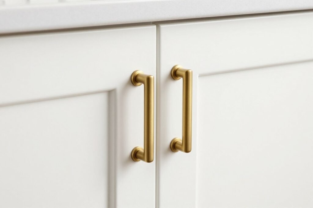 close-up of modern brass cabinet hardware on white cabinet