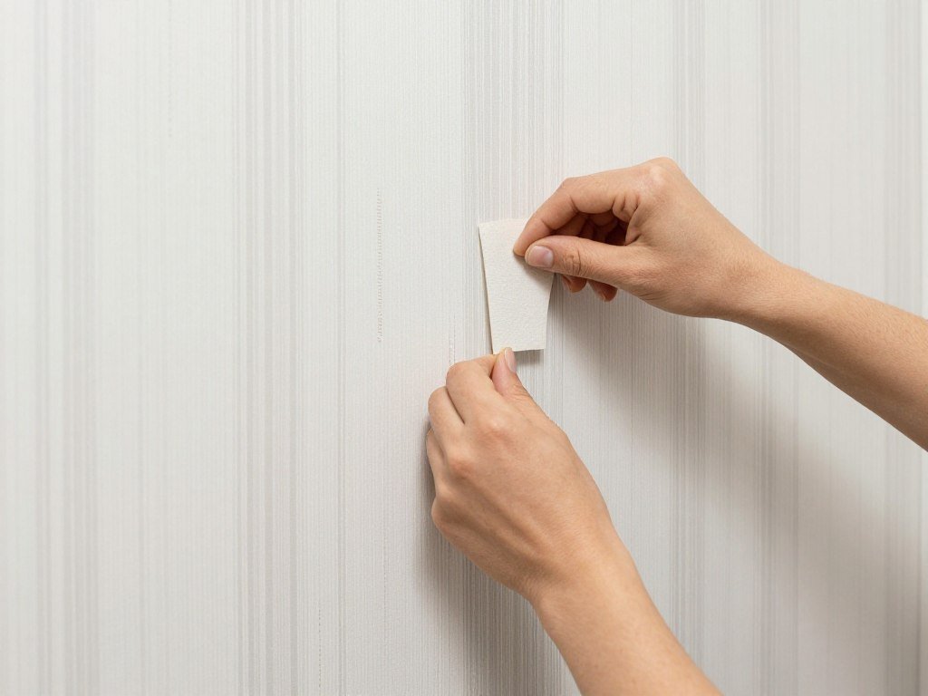 close up of peel and stick wallpaper installation in laundry room