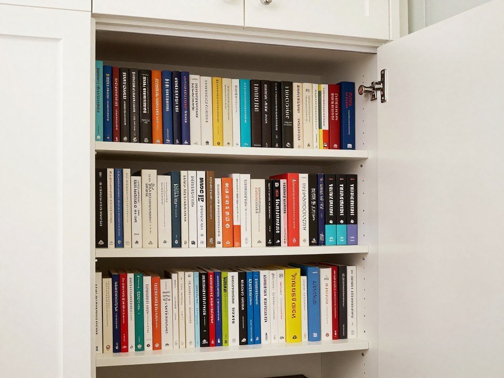 closet door interior with shallow shelves storing paperback book collection