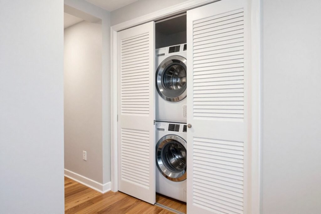 closet laundry with louvered doors for ventilation