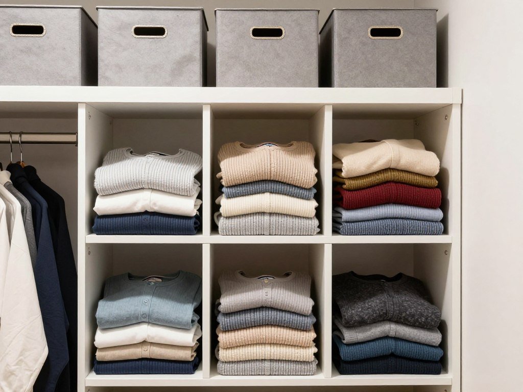 closet shelf with dividers organizing folded clothing