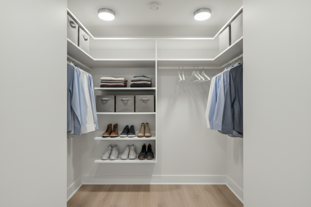 closet with puck lights illuminating shelves and hanging areas