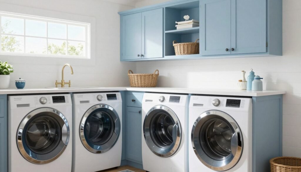 coastal style laundry room with blue cabinets