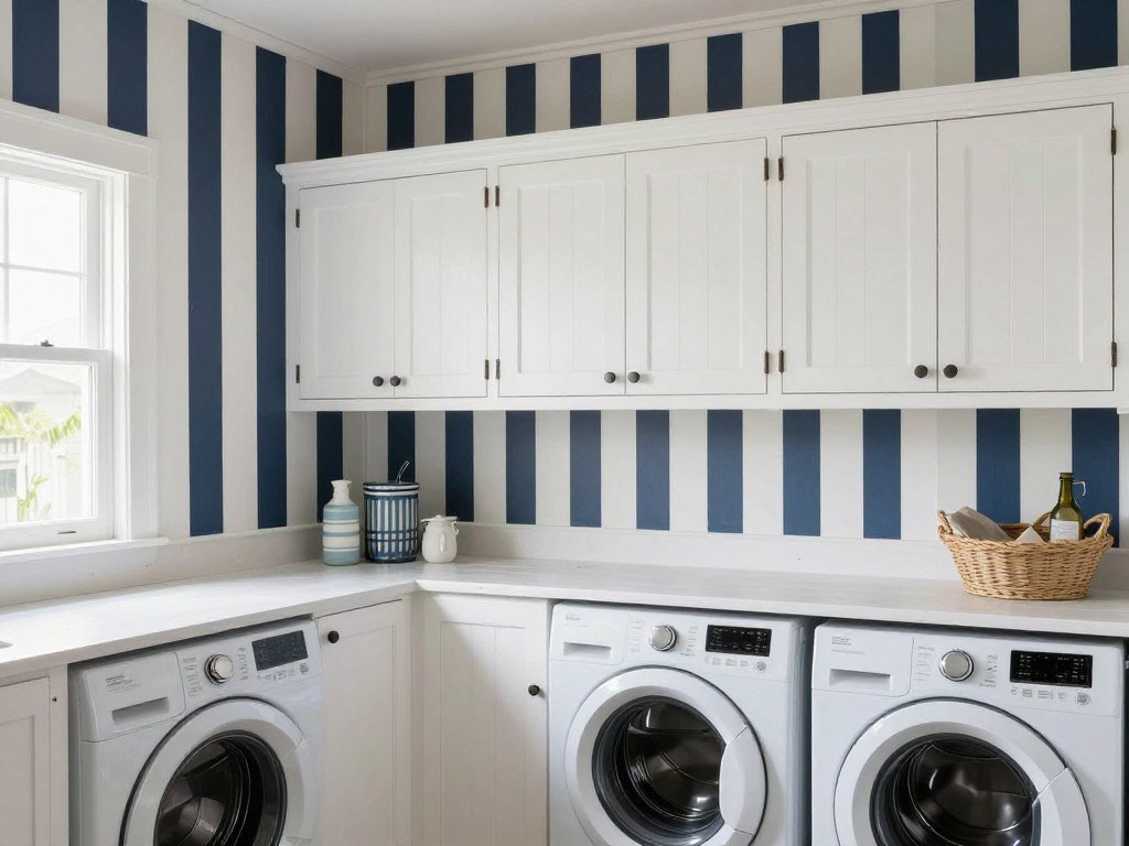 coastal style laundry room with nautical wallpaper