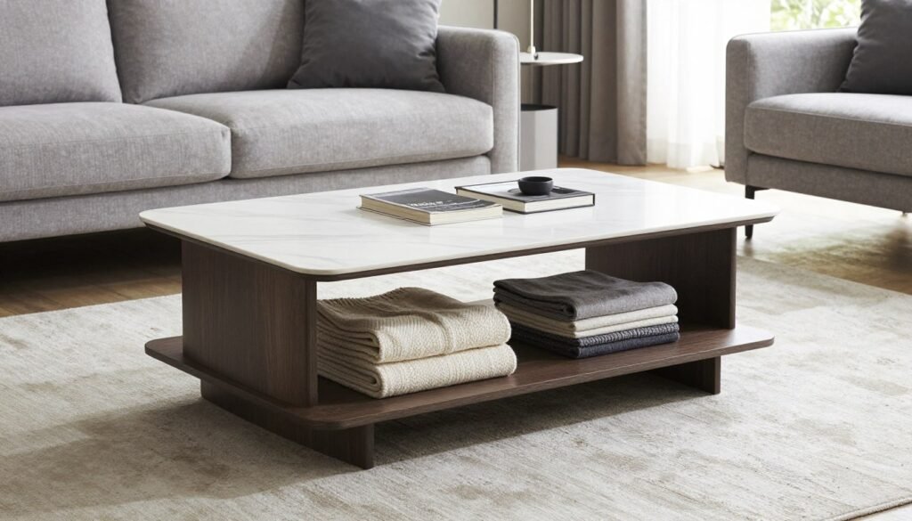 coffee table with blankets stored on lower shelf in living room