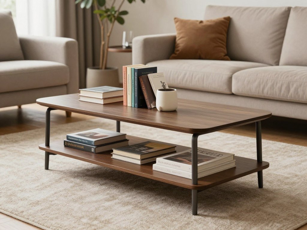 coffee table with lower shelf displaying book collection in living room