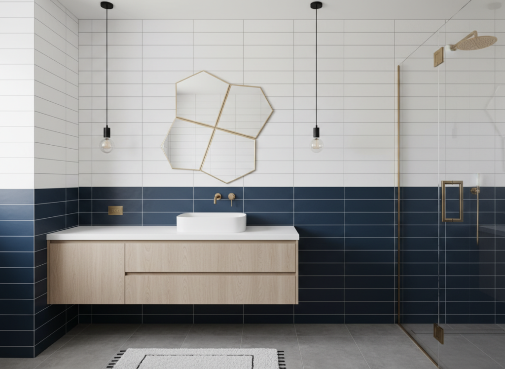 color blocking design in bathroom with two-tone tile installation