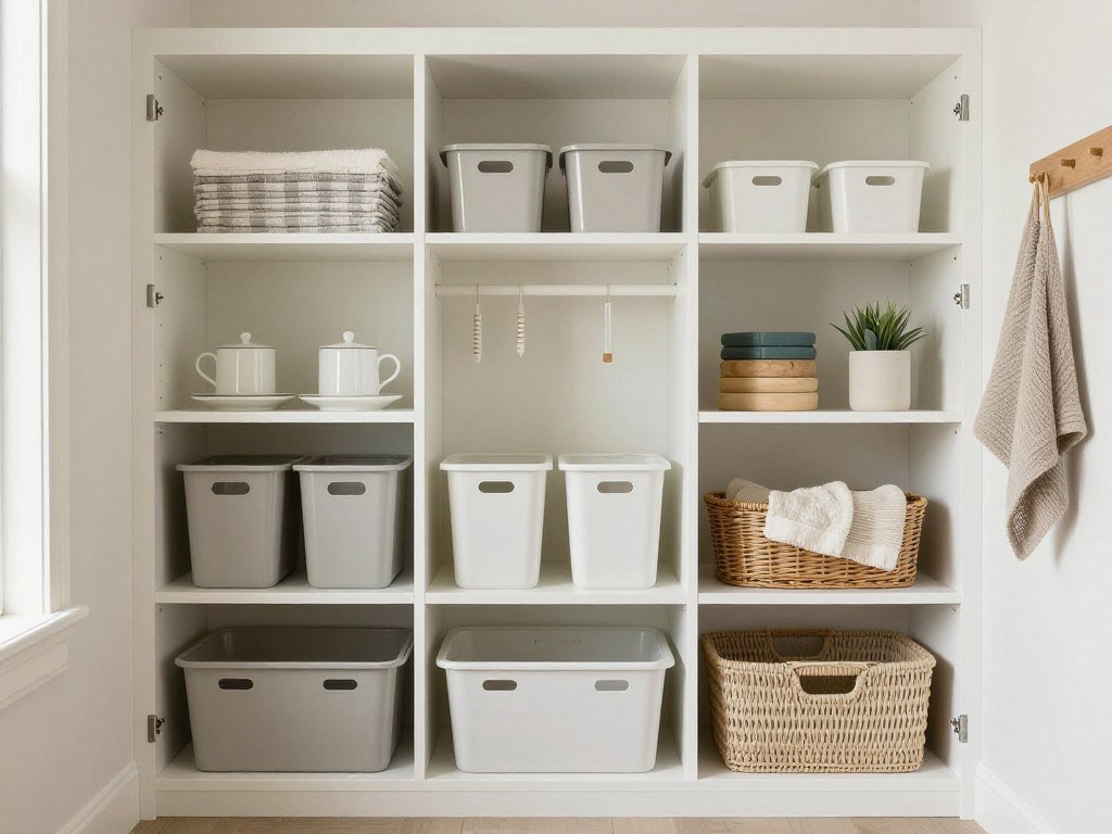 color-coordinated laundry room storage