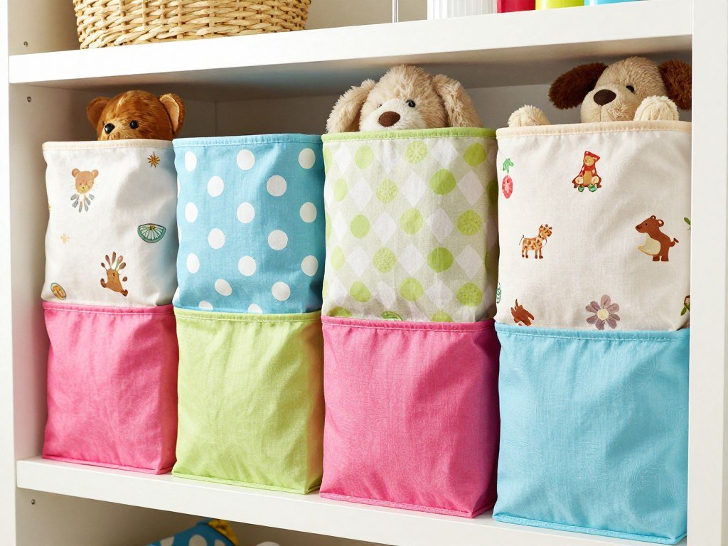 colorful fabric storage bins with stuffed animals on shelf
