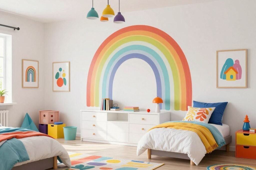 colorful kids bedroom with rainbow accent wall and bright decor elements