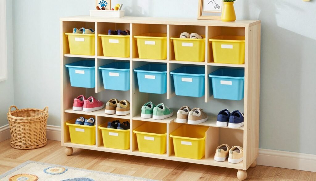colorful kids shoe storage with labeled bins at child height