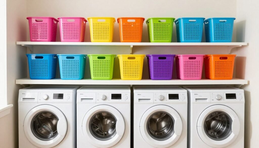 colorful labeled baskets organized on shelves above top load washer in laundry room