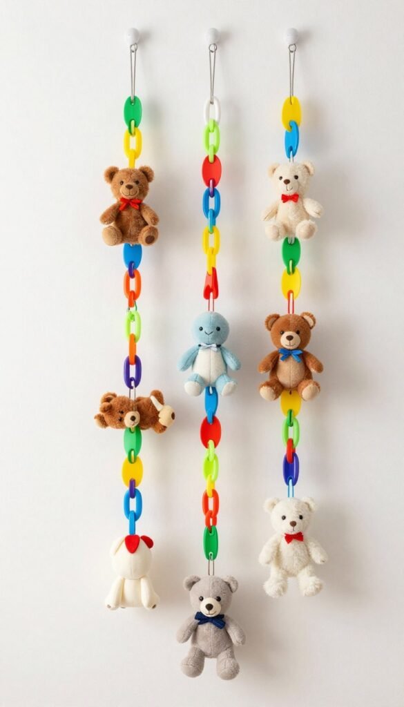 colorful plastic chain links holding stuffed animals vertically