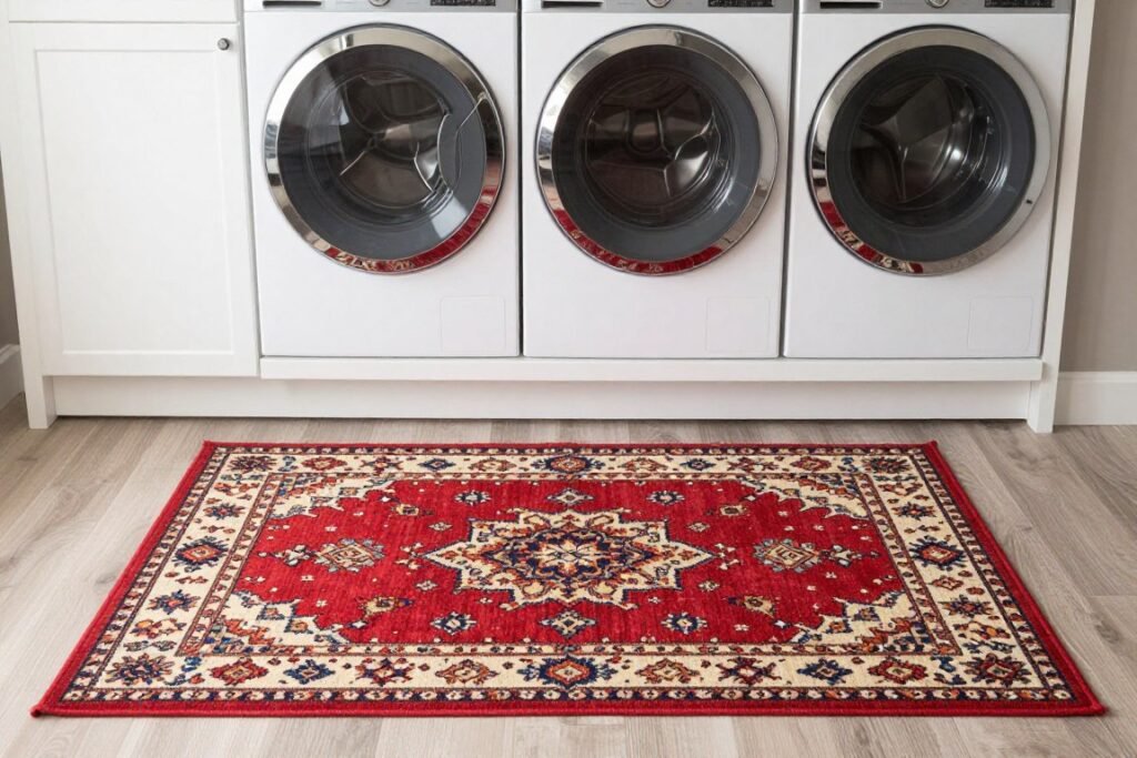 colorful rug in laundry room