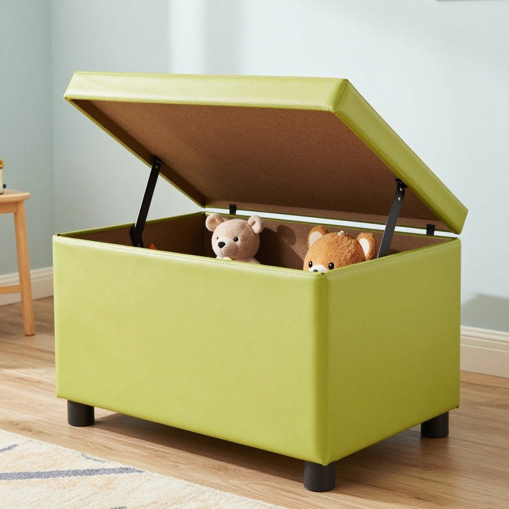 colorful storage ottoman filled with stuffed animals