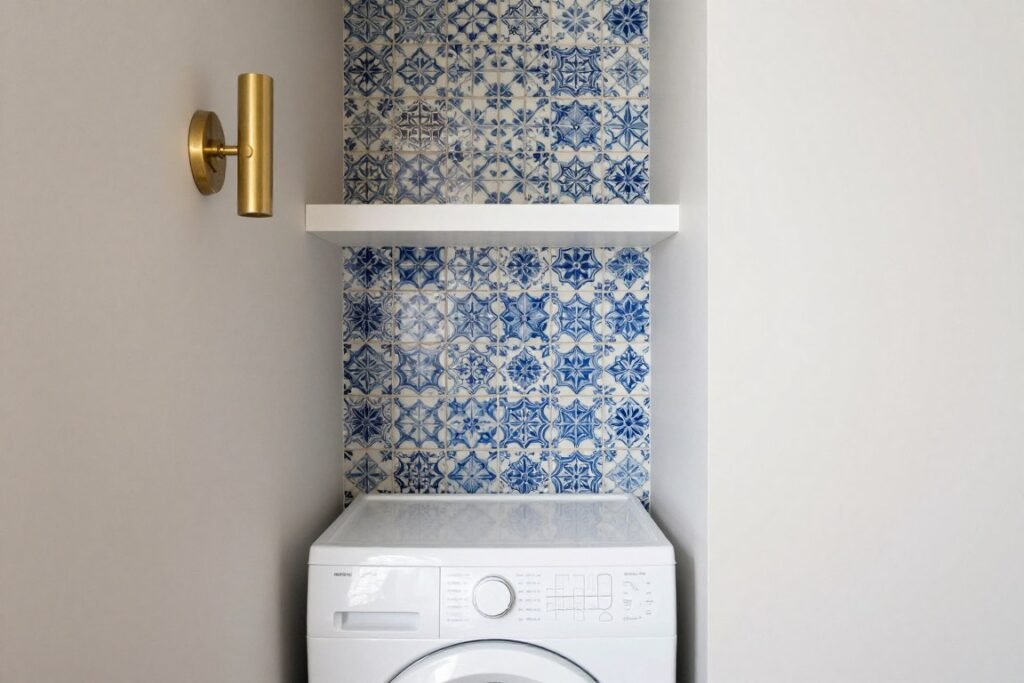 colorful tile backsplash in laundry room with white stackable units