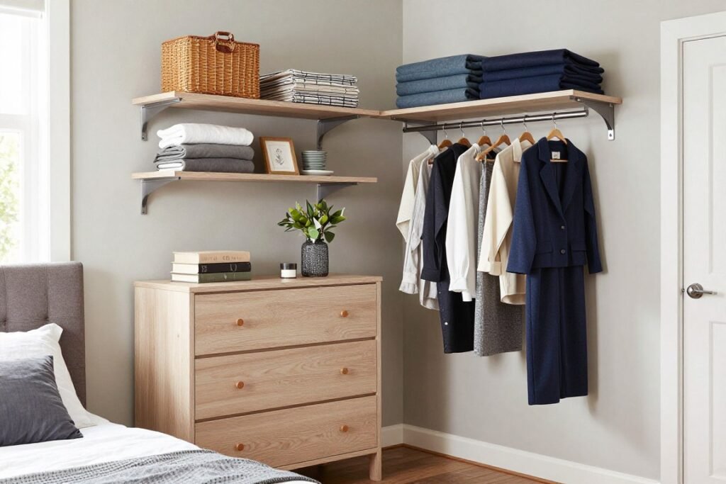 combination of dresser, shelving and hanging storage for bedroom without closet
