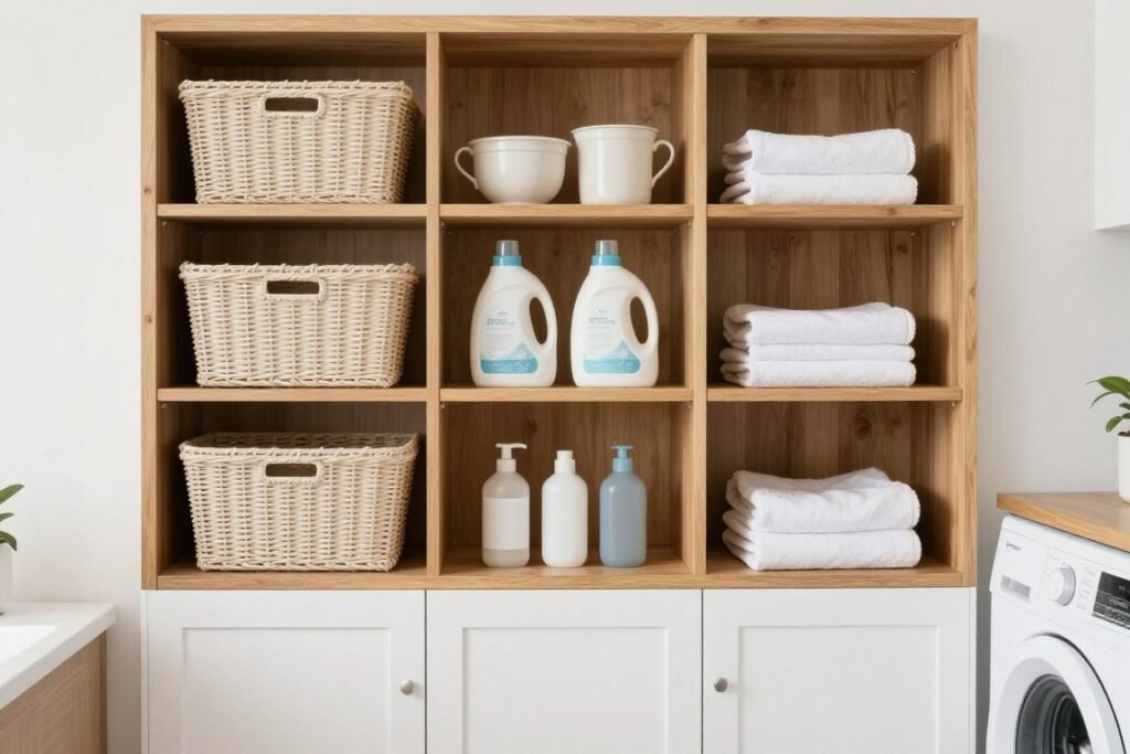 combination of open and closed shelving in laundry room