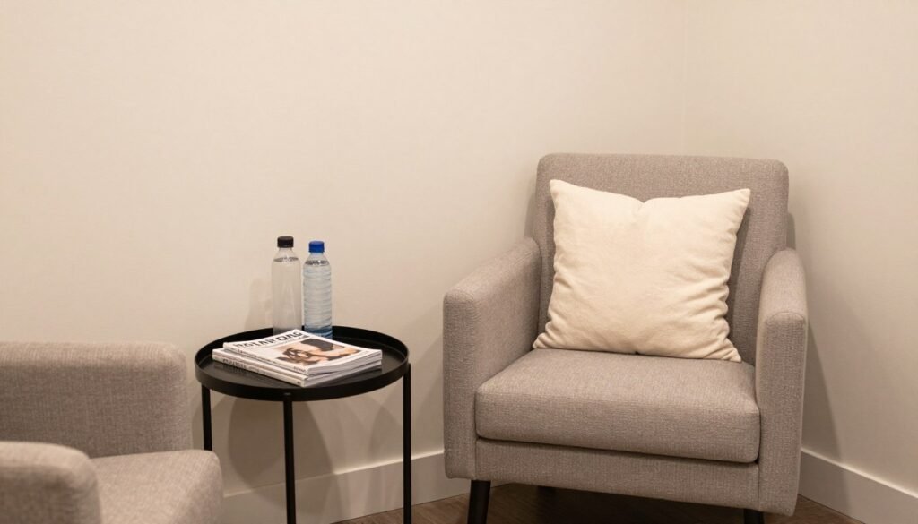 comfortable client seating area in small salon suite