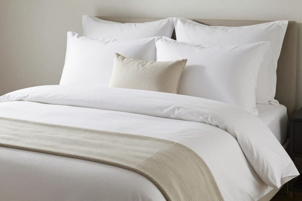 comfortable guest bed with white hotel-quality bedding and multiple pillows