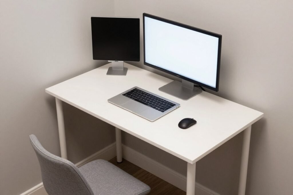 compact computer desk with minimal design in small bedroom office