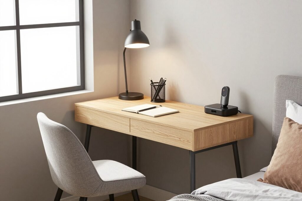 compact desk area with chair and task lighting in guest bedroom