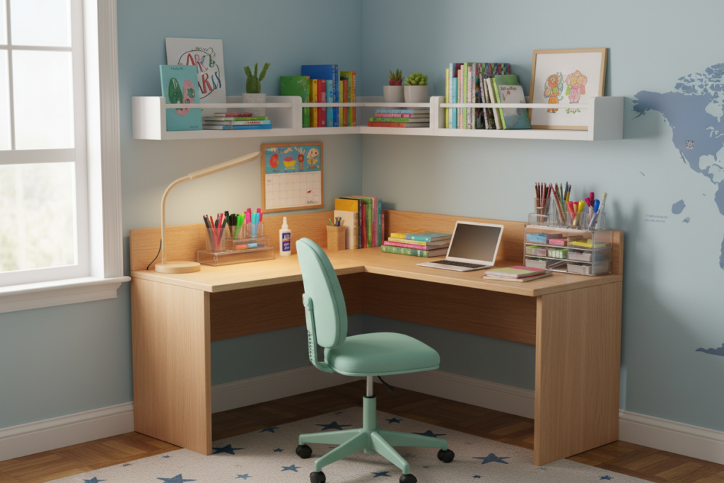 compact desk setup in corner of small kids bedroom