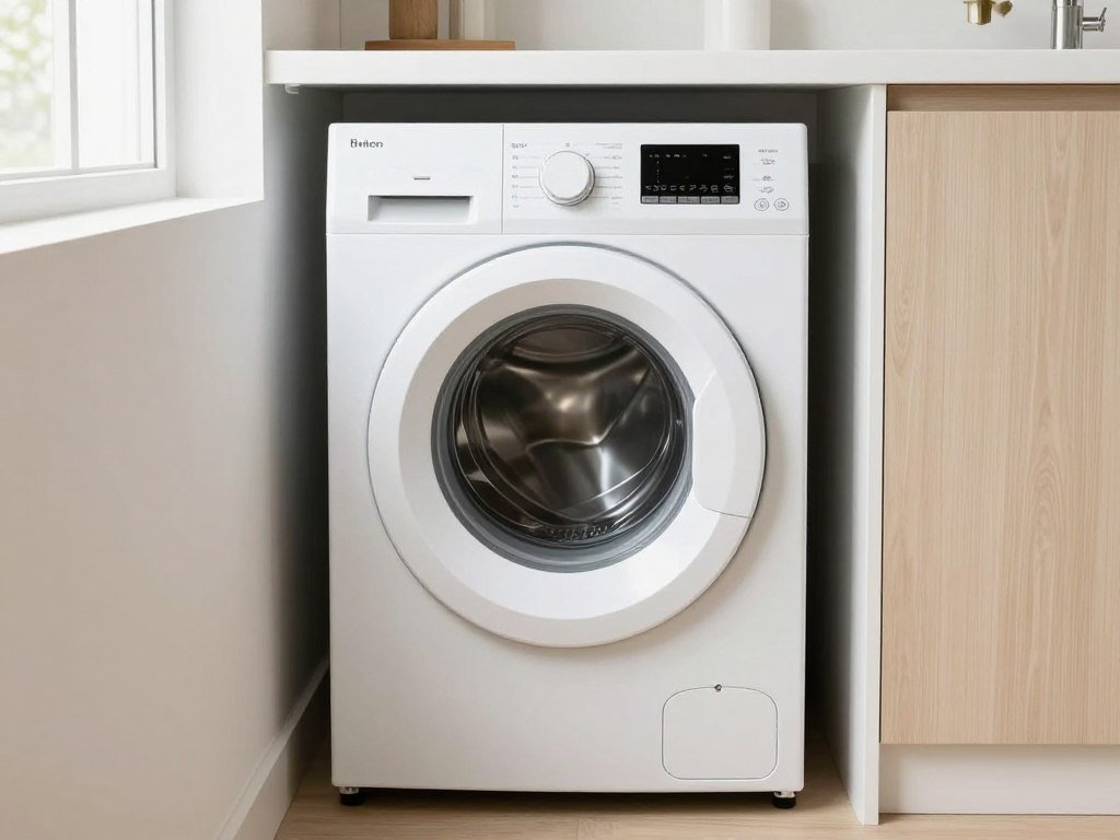 compact front loading washer in small apartment laundry area