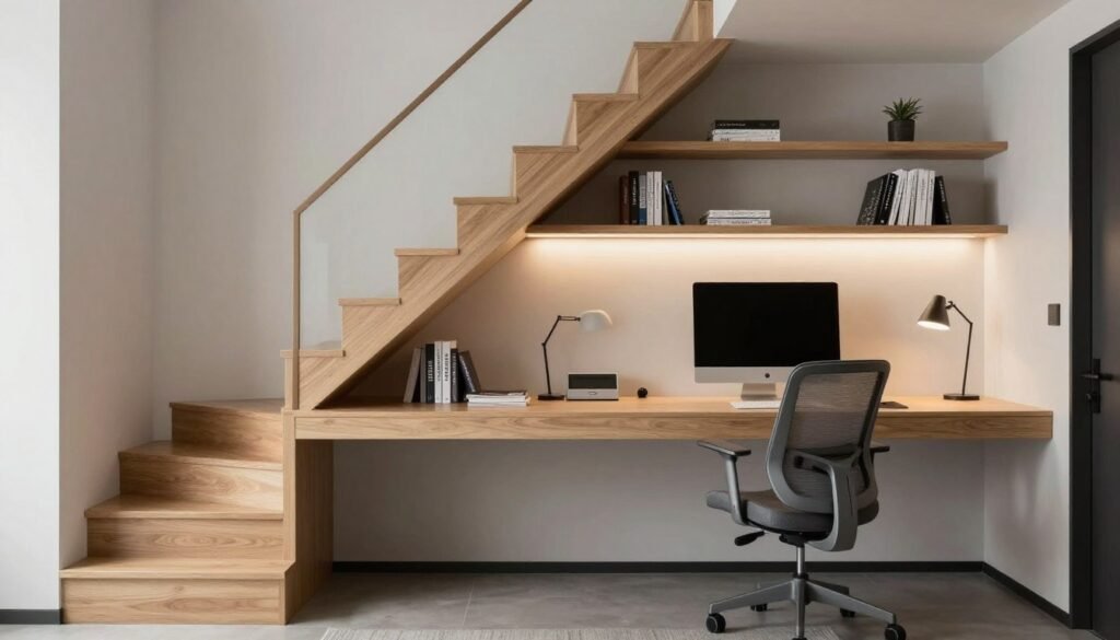 compact home office workspace built under stairs with desk and shelving