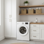 compact laundry room with white cabinets and efficient storage solutions