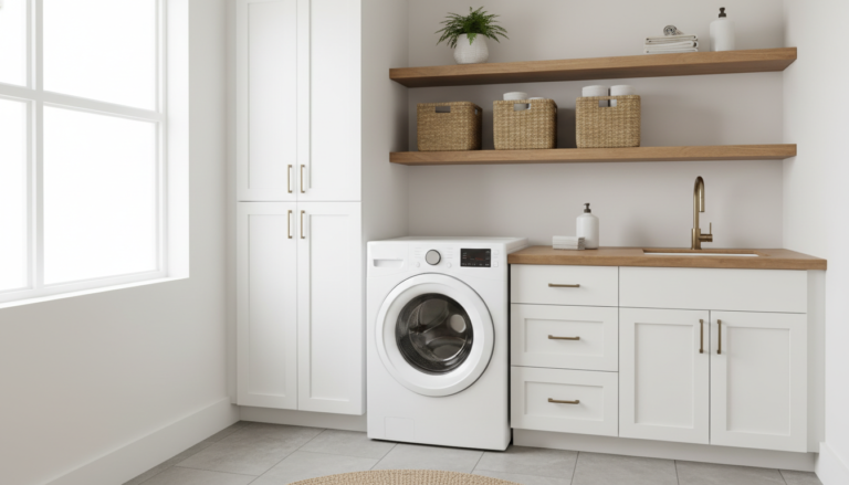 compact laundry room with white cabinets and efficient storage solutions