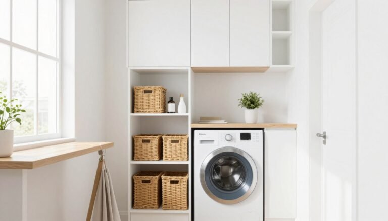 compact laundry room with white cabinets and organized shelving